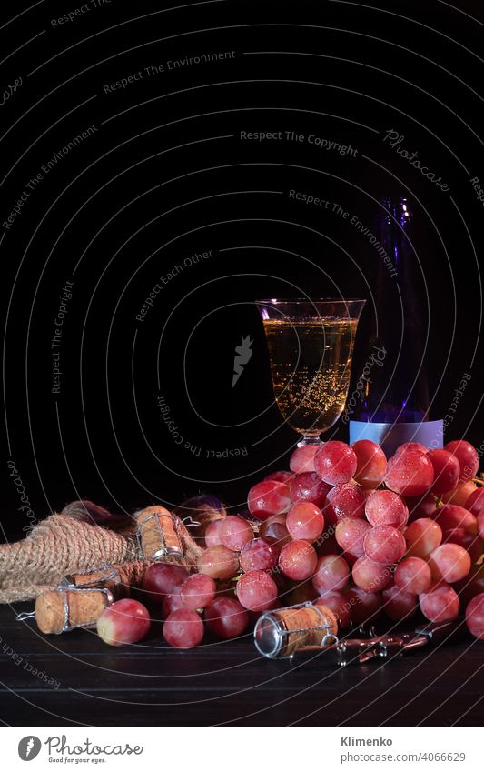 Bunches of pink grapes and green apples on a dark background. A glass of champagne is in the background. Still life. Vitamin basket. still life fresh autumn