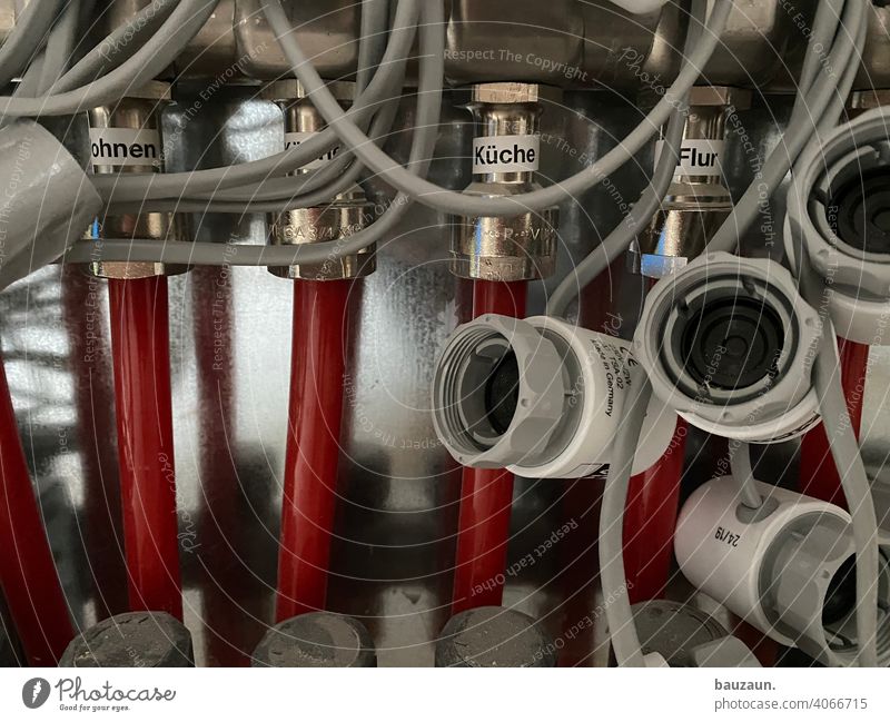 heating details. Heating Heating pipes water pipe Transmission lines Conduit Water pipe Construction site Colour photo Effluent Deserted Industry Technology
