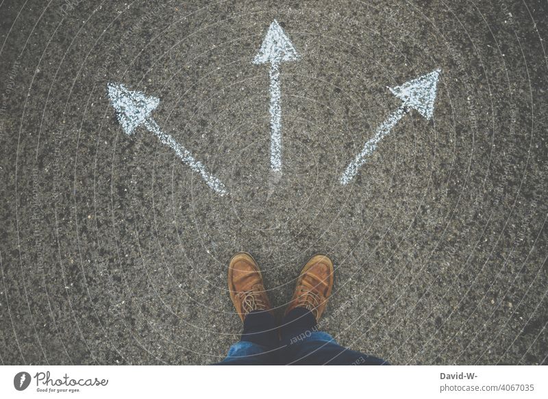 Where to ? Arrows point in different directions Whereto Decide Disorientated Man Indecisive Trend-setting Chalk Insecure Target Aimless Future Direction
