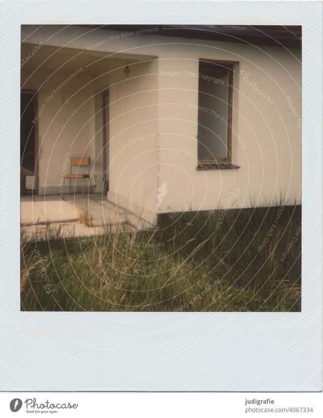 Chair in front of bungalow ruin on Polaroid Ruin Old dilapidated Derelict forsake sb./sth. Decline Building Past House (Residential Structure) Window