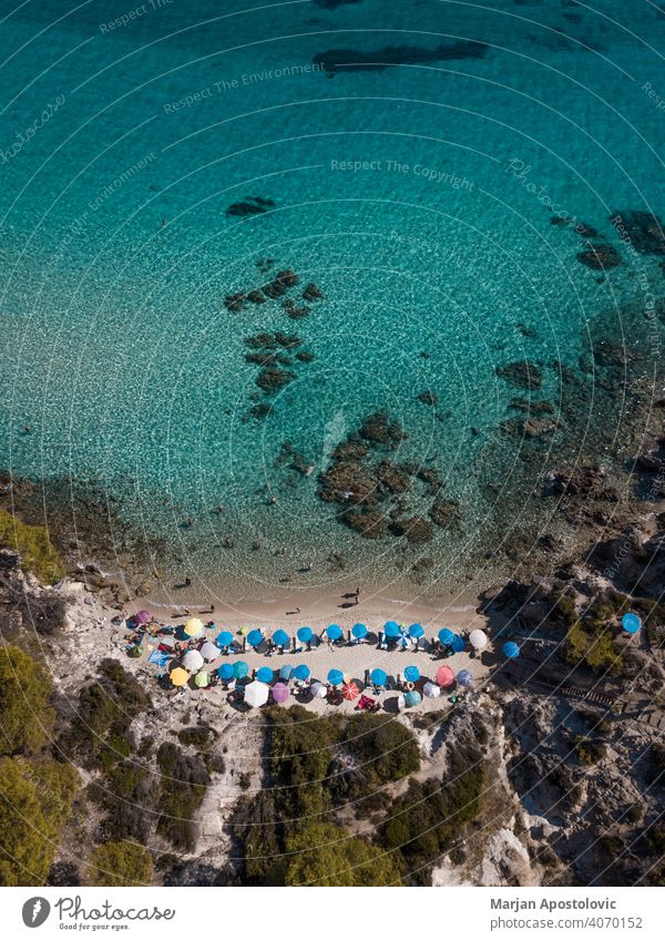 Aerial view of beach on Greek Chalkidiki Khalkidhiki Sithonia Chalkidiki drone seaside coastline Coast Beach Beach vacation Vacation & Travel Vacation mood