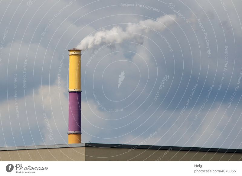 Smoke signals - colorful chimney in Chemnitz emits smoke Chimney colored chimney Sky Clouds co2 Air pollution Environmental pollution Thermal power station