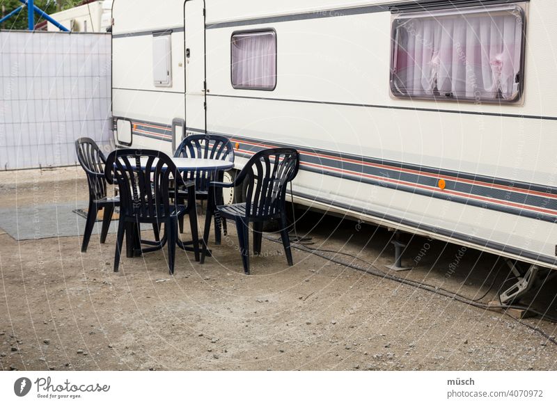 camping Camping Bus Mobile home voyage Family chairs Table Stripe foreign countries vacation Parking space curtains Wanderlust from place to place Independence