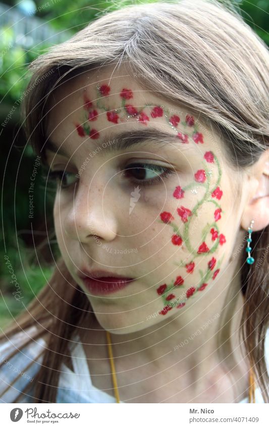 drawn & painted | red roses Looking Looking away Make-up Face Painted Infancy Wearing makeup Facial painting Bodypainting flower girl portrait Dreamily