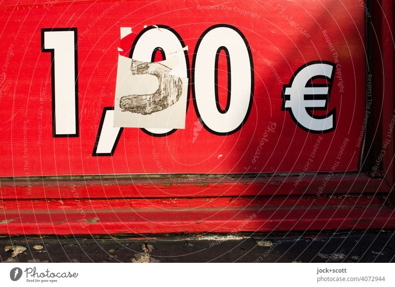 glued price increase only partly torn off Euro Economy 1.50 Signs and labeling Digits and numbers Red Change Detail elevation Shop window Self-made Typography