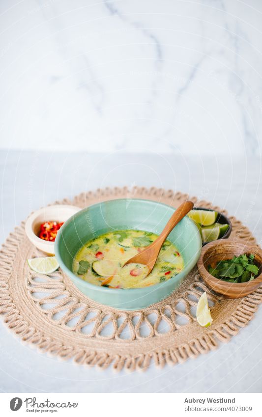 coconut Thai soup on a white background thai hot asian Oriental Hot Food healthy bowl meal Vegetable ramen food Soup oriental Dinner Meal chinese fresh pasta