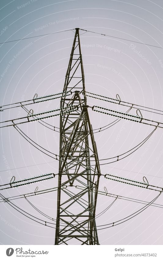 High-voltage tower electricity cable line energy structure industry industrial supply grid wire electrical pylon technology transmission power high sky