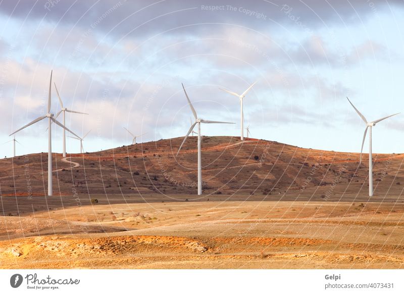 Landscape with wind park windmill wind-turbine energy environment renewable sunny alternative blue climate conservation development ecology efficiency electric