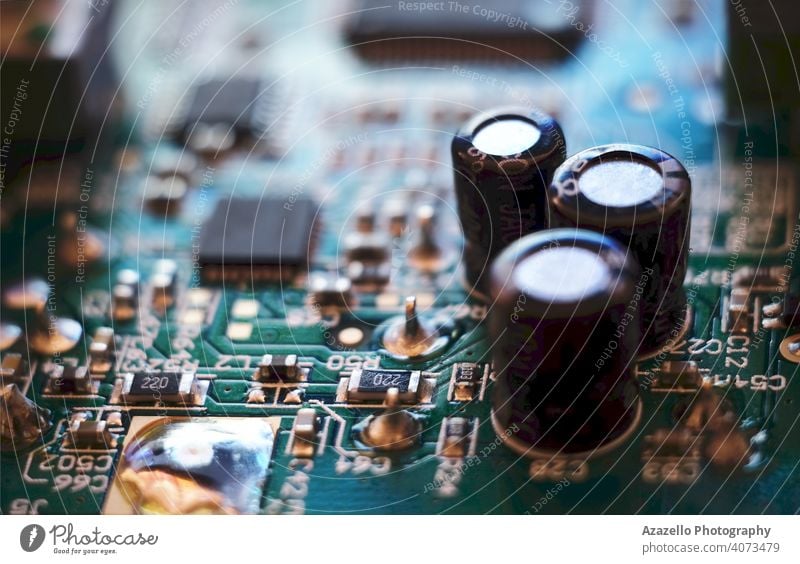 Close up view of a circuit board technology background equipment macro system engineering computer blur blurred bokeh chip circuitry close closeup communication