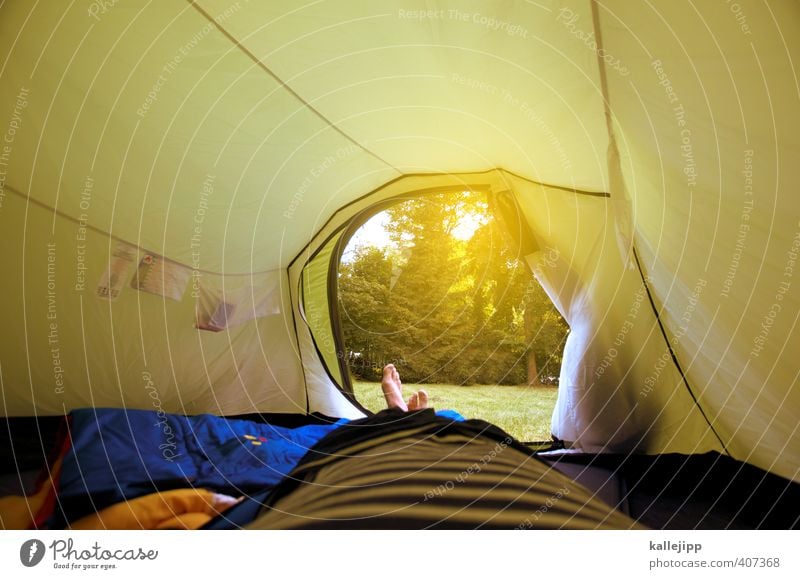 garden holidays Lifestyle Leisure and hobbies Human being Masculine Man Adults Legs Feet 1 Lie Tent Camping Camping site Entrance Way out Sleeping bag