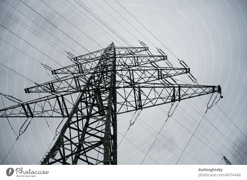 Transport of electrical energy by cables on a mast Cable Clouds Colour photo Transmission lines Technology High voltage power line cantilever trussed girders