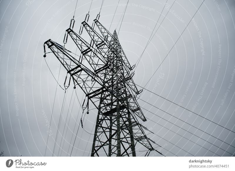 Transport of electrical energy by cables on a mast Cable Clouds Colour photo Transmission lines Technology High voltage power line Cantilever chair