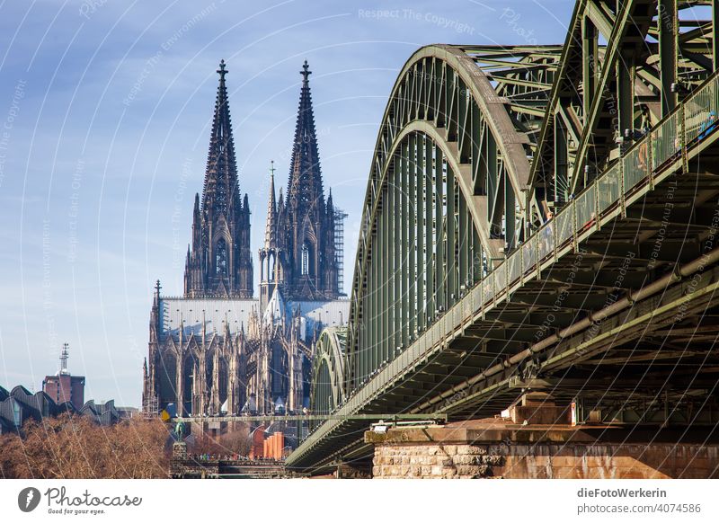 Cologne Cathedral with Deutzer Bridge Architecture Germany Europe Church Rhine rhineland West Germany Blue Gray