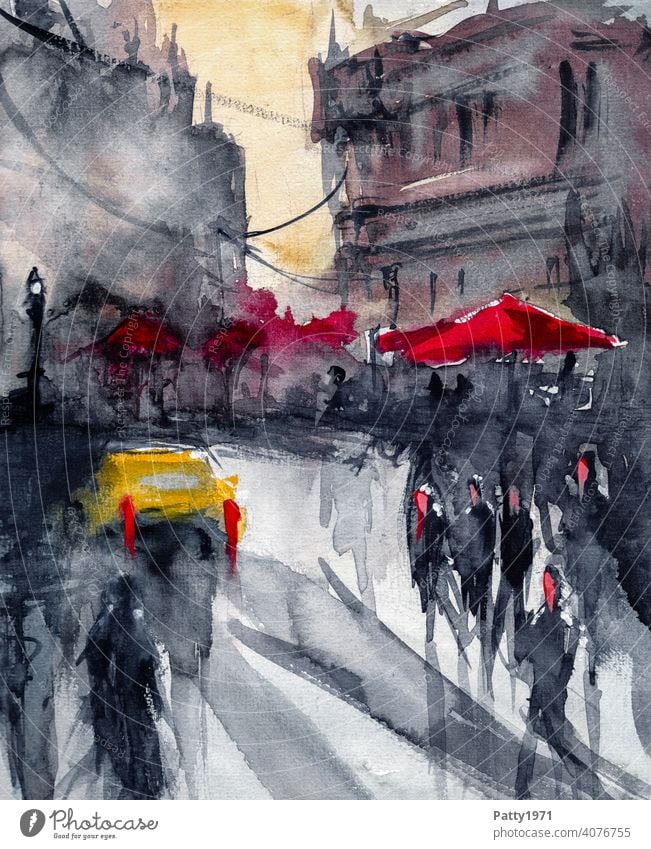 Abstract watercolor - street cafe with red parasols, car and people Watercolors Sidewalk café Building Street Scene People Sunshade Town Architecture Facade Art