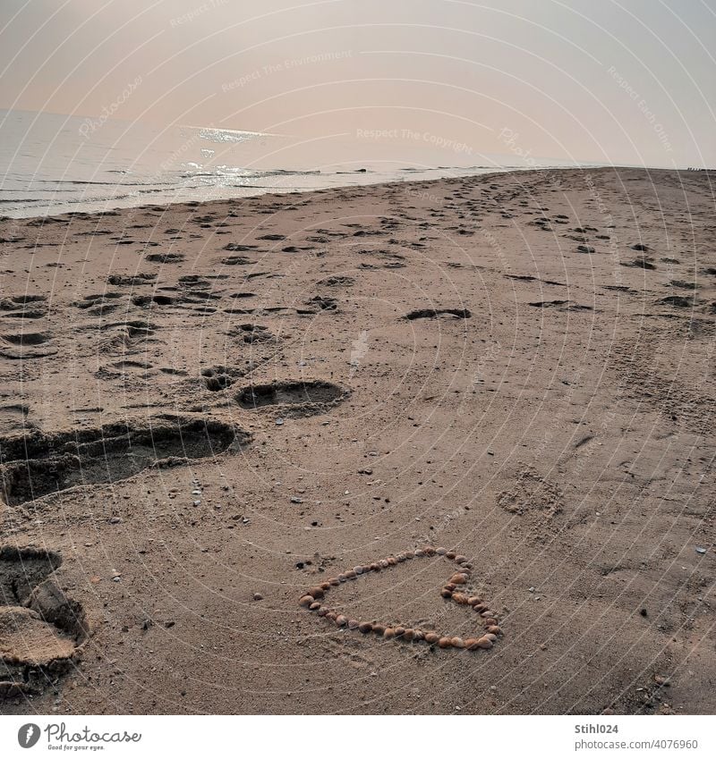 heart laid with shells on sandy beach with footprints Heart seashells Love Lovesickness In love Sandy beach Beach Tracks stroll Going swell Ocean Baltic Sea