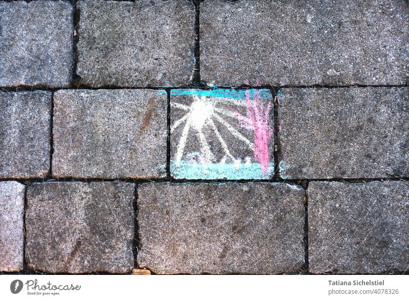 colourful chalk painting on grey paving stones Drawing Chalk variegated cheerful Paving stone Chalk drawing Street painting Painting (action, artwork)