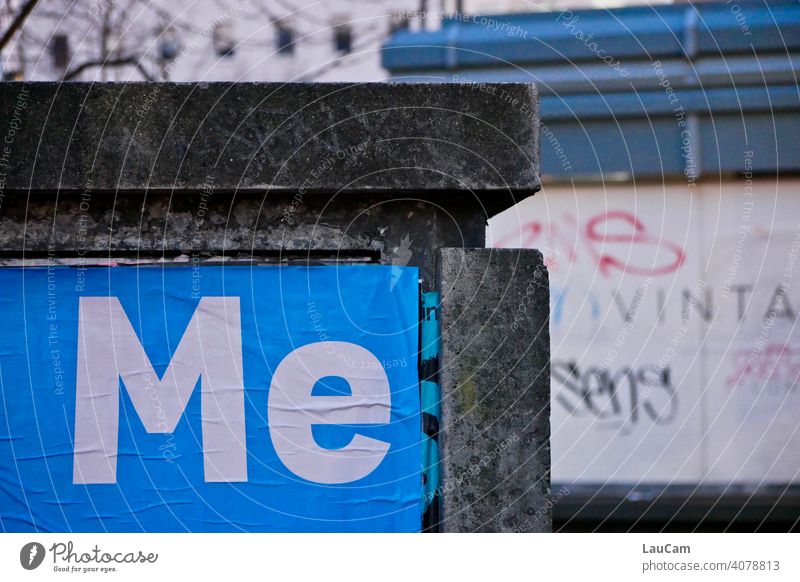 Electric box with white lettering "Me" on blue background writing Word Poster Electrical box White Blue White-blue Characters Letters (alphabet) Text Typography
