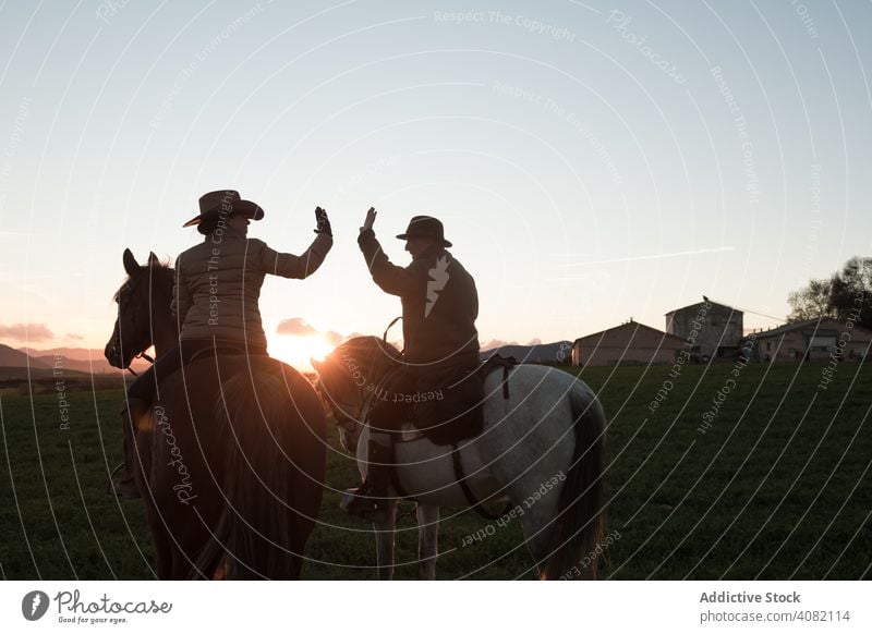 People on horses giving high five people riding ranch sunset sky evening man woman gesture sport horseback equestrian lifestyle leisure recreation domestic fun