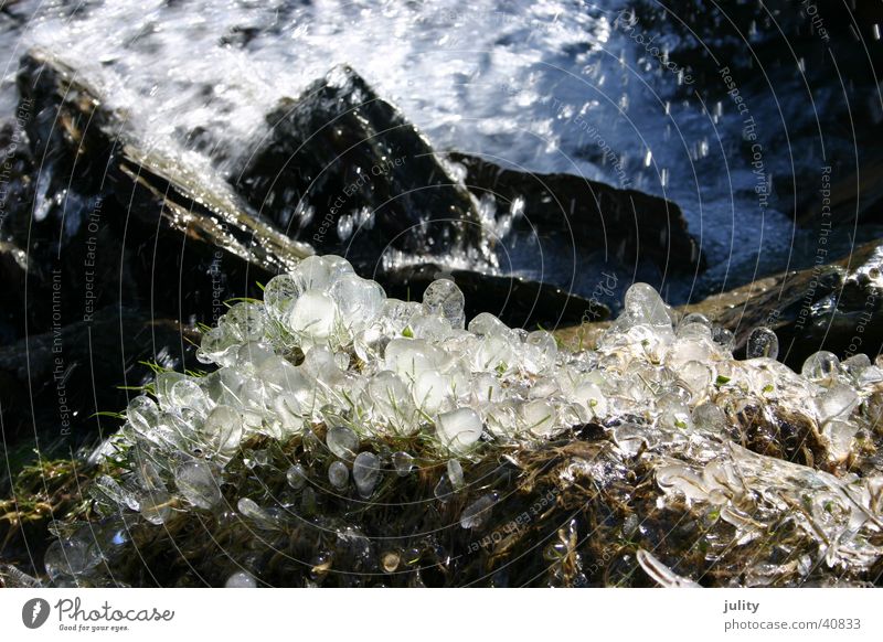 ice & water Brook Freeze Green Spring Wet Ice Water Blue Cold Stone Coast Grass Morning Drops of water Sphere