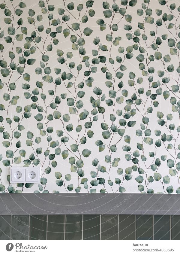GREEN LEAVES. leaves Wallpaper bathroom Tile Green Socket eco-power Natural stone Modern Wall (building) Bathroom Toilet Deserted Colour photo
