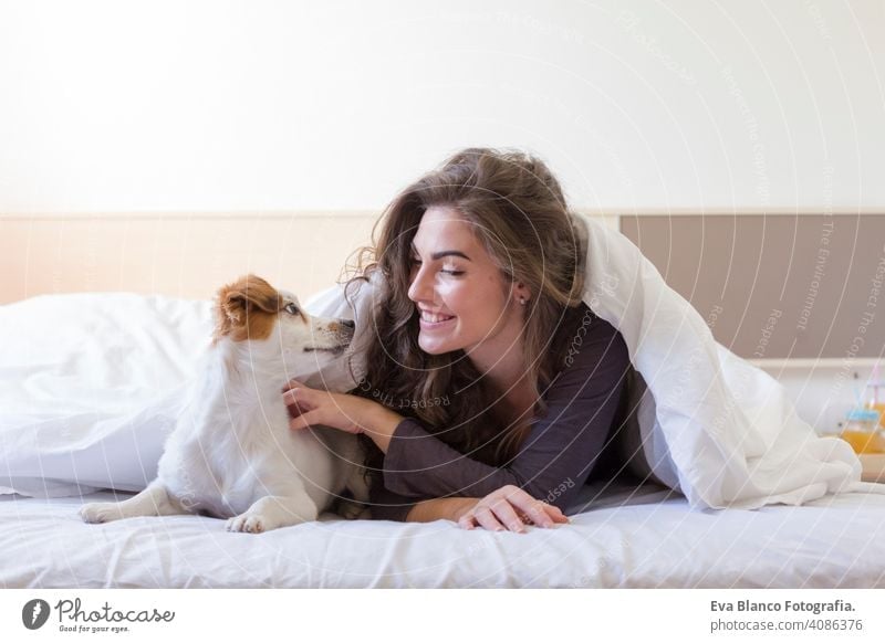 beautiful young woman lying on bed under the white cover with her cute small dog. Home, indoors and lifestyle cozy tired dream mood cuddle friend comfortable