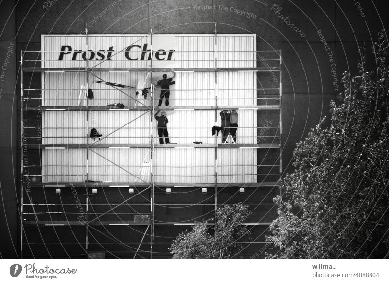 Poster sticker on a scaffold amaPlattenbau - Cheers Cher Scaffolding Billboard sticker house wall Placard Advertising people men