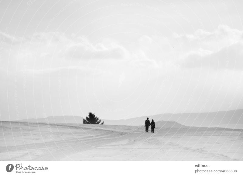 for two in harmony with nature Couple Hold hands Hill concord To go for a walk in common Trip sandy Landscape Together Minimalistic B/W Copy Space togetherness