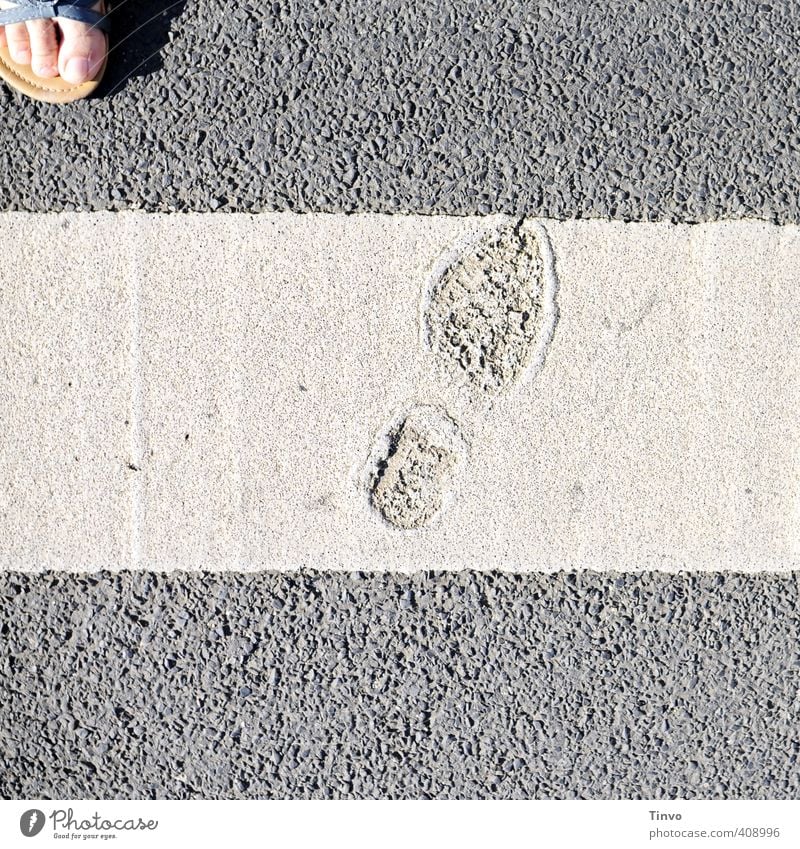 Shoe imprint on road markings Traffic infrastructure Road traffic Pedestrian Street Gray Uniqueness Adversity Lane markings Toes Footprint Tracks Asphalt
