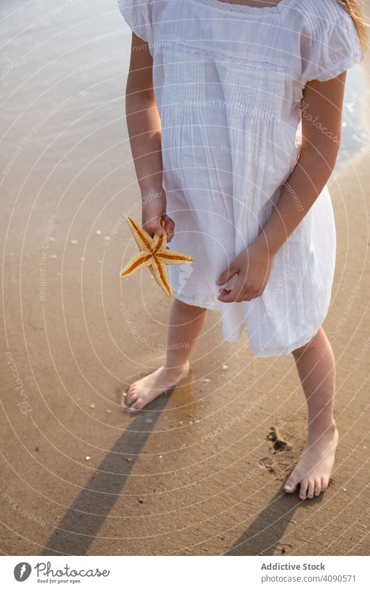 Girl holding starfish on beach girl sea summer vacation ocean water travel beautiful nature holiday child happy person hand kid coast people tourism sand animal
