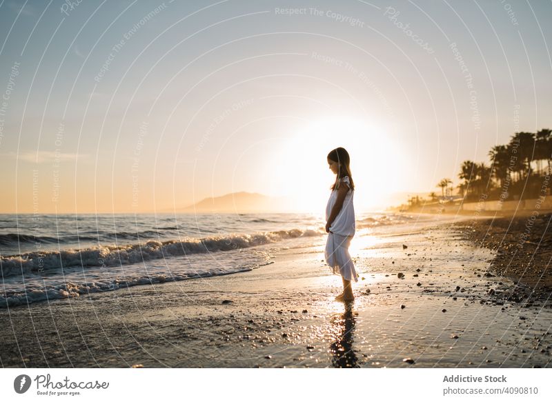 Adorable girl walking on seaside at sunset adorable seashore sunshine beach summer water sunny child childhood happy happiness vacation travel holidays