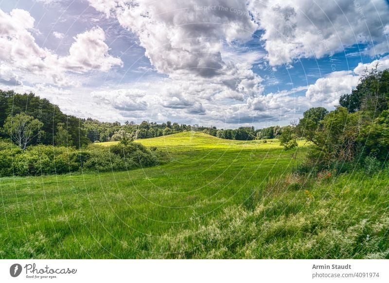 beautiful meadow landscape with forest and dramatic sky from mecklenburg-western pomerania, germany cloudscape hdr pomeriania wood wide far hill nature panorama