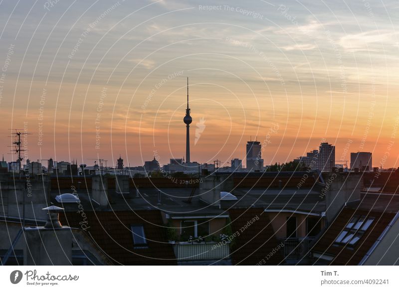 View over the roofs of Berlin at sunset . Television tower berlin you are so wonderful Friedrichshain tv tower Sunset Sky Town Landmark Tower Germany Deserted