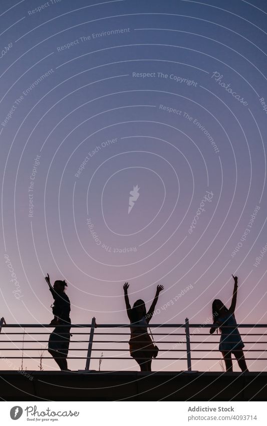 Silhouettes of carefree people dancing on bridge silhouette friend dance fun playful happy hands up stand energy twilight colourful purple sky evening dusk