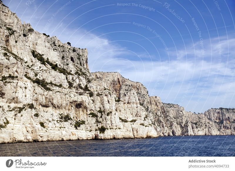 Beautiful white limestone rocks on seashore cliff landscape calanques massif france europe national park nature travel touristic attraction mountain water still