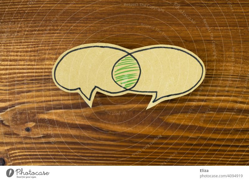 Two speech bubbles with a green shaded intersection. Communication, compromise. communication Exchange of opinion Speech bubbles of one mind commonalities