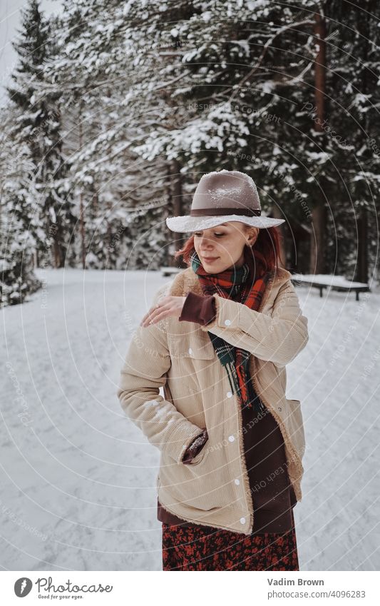 Boho Girl with hat Hat girl forest Winter Weather Fashion portrait cold boho boho style Scarf White Beautiful people woman female fashion nature pretty