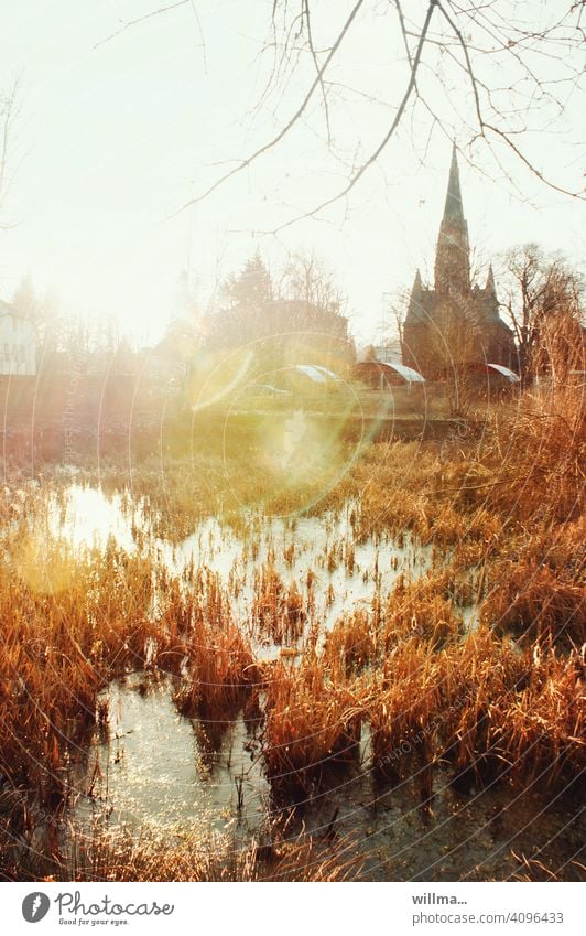 A church. A pond. Backlit. Oh, and there are also reeds... Pond Church Back-light Bleak Spring November