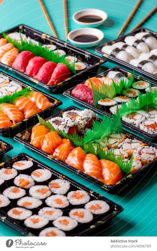 Tasty sushi served in a table rolled up Sushi Plate above asia asian background chopstick fish food fresh gourmet healthy japan japanese japanese sushi maki