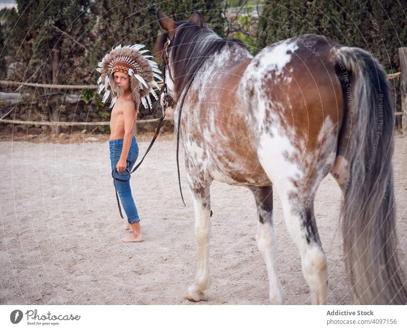 Tranquil boy keeping harness and walking with stallion horse farm calm tranquil cowboy harmony feather war bonnet authentic indian love kind sand shirtless lead