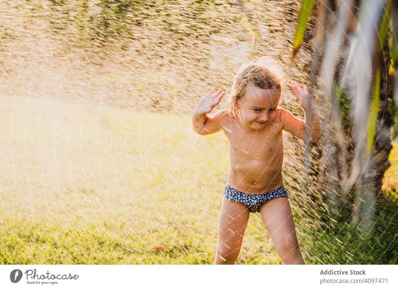 Shirtless girl under spraying water in garden play lawn summer sunny daytime fun child kid little panties shirtless childhood happy joy yard wet drop stream