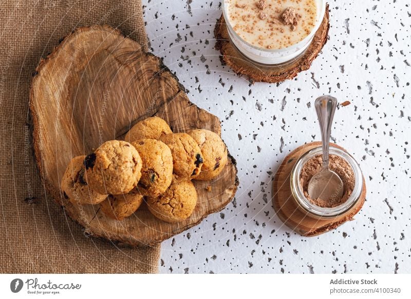 Homemade cookies with cacao powered and milk dish dessert product ingredient powder drink food organic nutrition tasty crunchy treat sweet edible fresh