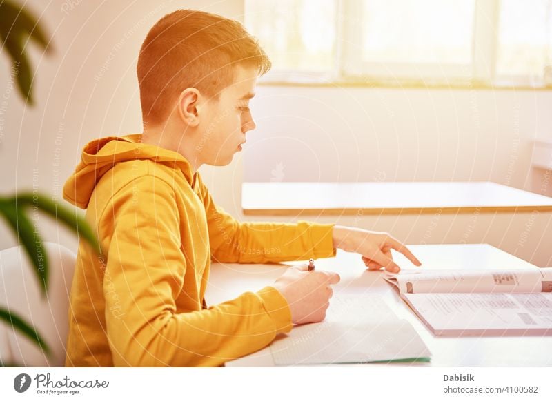 Teenage boy write homework at home. Education concept school writing studying education book person student people childhood caucasian desk young learning