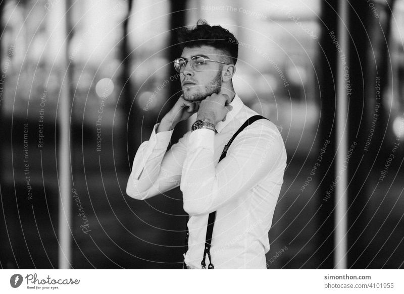 gentleman Suspenders style Black and white photography Shirt Adults Masculine portrait Young man 18 - 30 years Lifestyle Fashion Man Cool (slang) Exterior shot