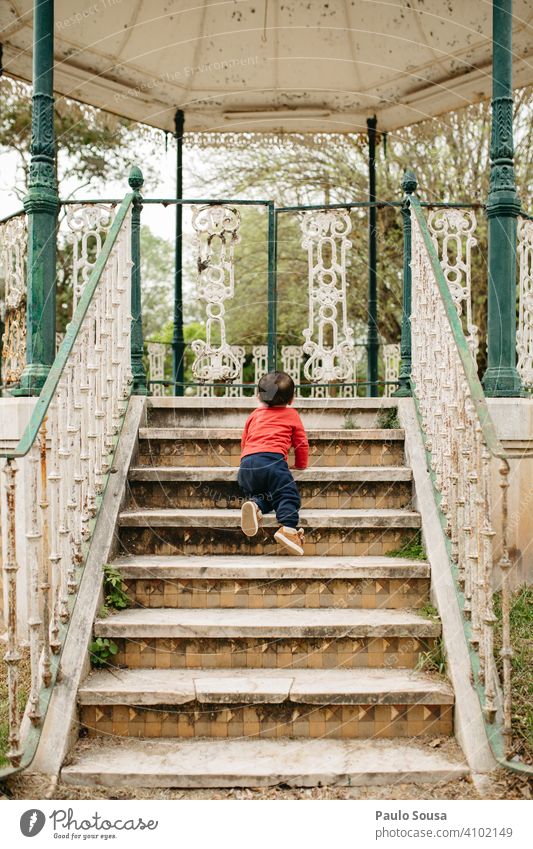 Rear view child climbing stairs Child 1 - 3 years Climbing Stairs Playing Boy (child) Human being Colour photo Toddler Exterior shot Life Shallow depth of field