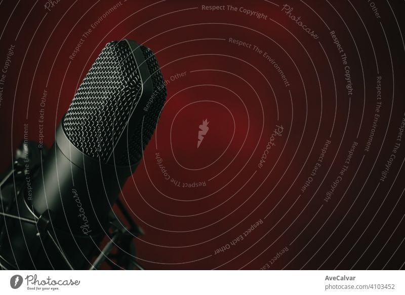 A close up of a streaming microphone over a red background with copy space record audio technology music professional sound radio recording studio apartment