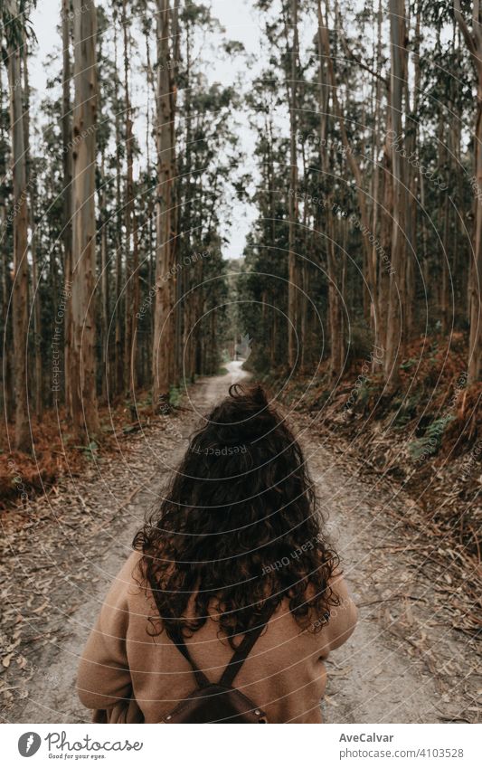 A woman facing a long infinite path in the middle of the forest person female ocean loneliness senior solitude lonely relaxation breath carefree confidence