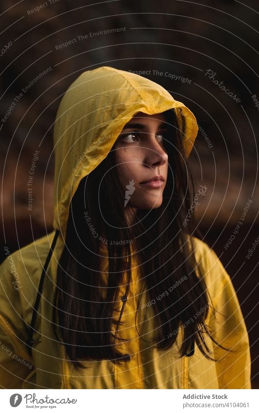 Young lady in yellow raincoat strolling in nature woman cover face travel brunette tourism adventure forest female hood vacation recreation weather waterproof