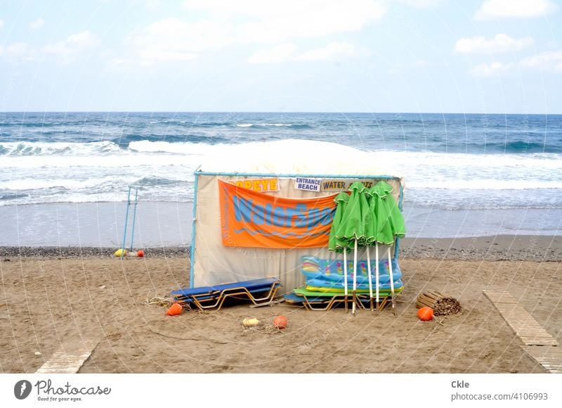 Waiting for bathers Beach Ocean parasols deckchairs Summer Sky Relaxation Exterior shot Deserted Colour photo Tourism Vacation & Travel Summer vacation Sand