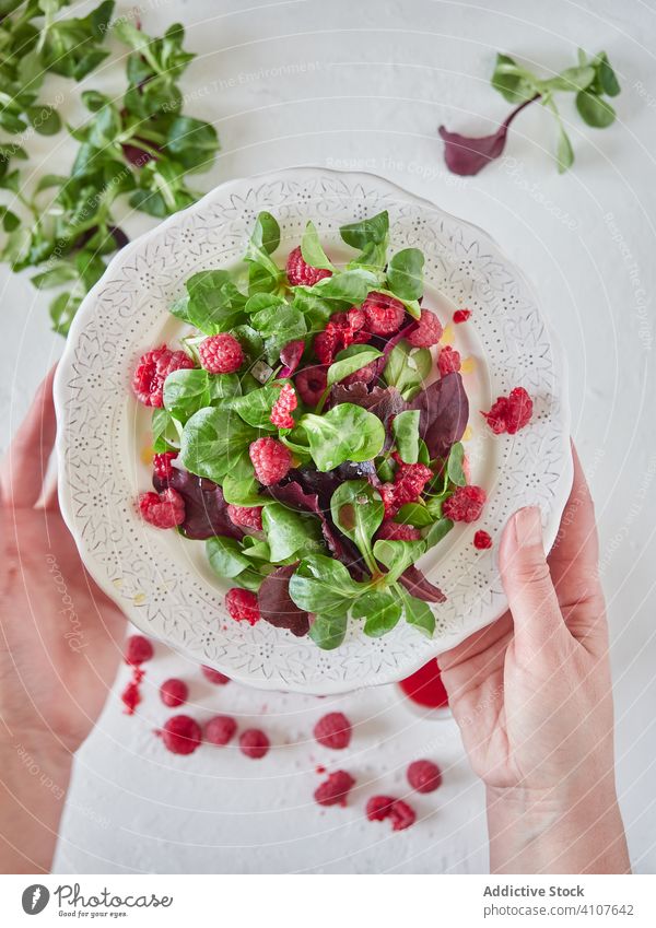 Person holding plate with raspberry and spinach salad cook fresh organic sweet delicious tasty natural green vegetarian healthy diet food leave dessert plant