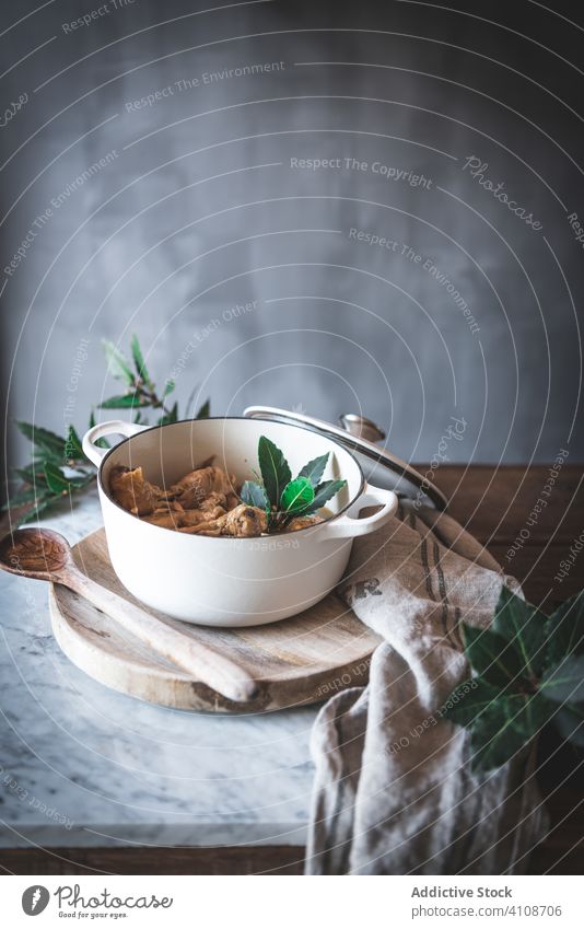 Aromatic soup with stewed chicken herb meal broth table cuisine tasty dinner fresh rustic bowl food delicious organic healthy composition leaf culinary